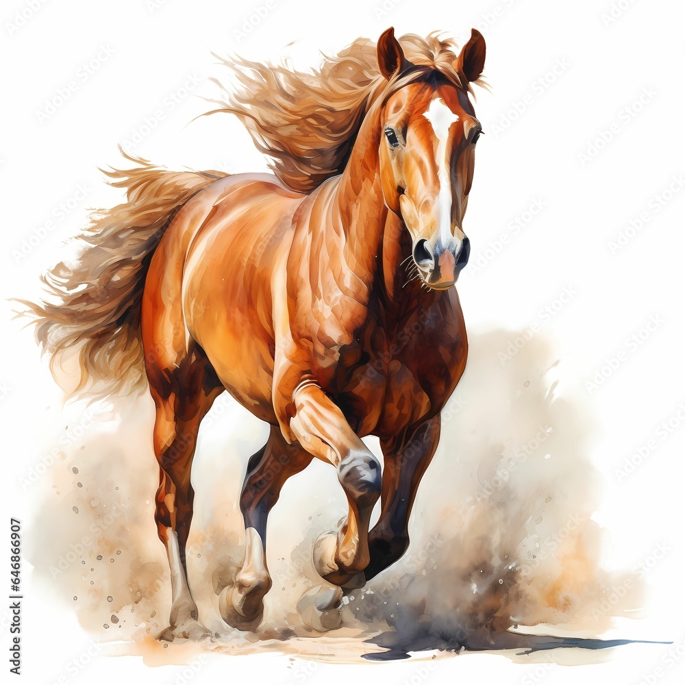 Poster ai generated illustration of a brown horse on a white background in watercolor