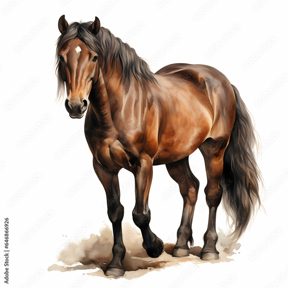 Sticker AI generated illustration of a brown horse on a white background in watercolor