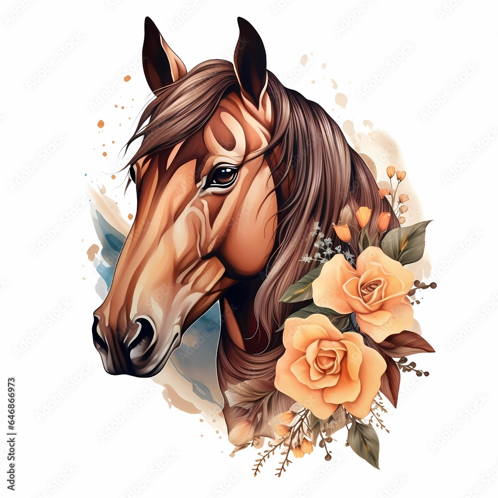 Sticker AI generated illustration of a brown horse on a white background in watercolor