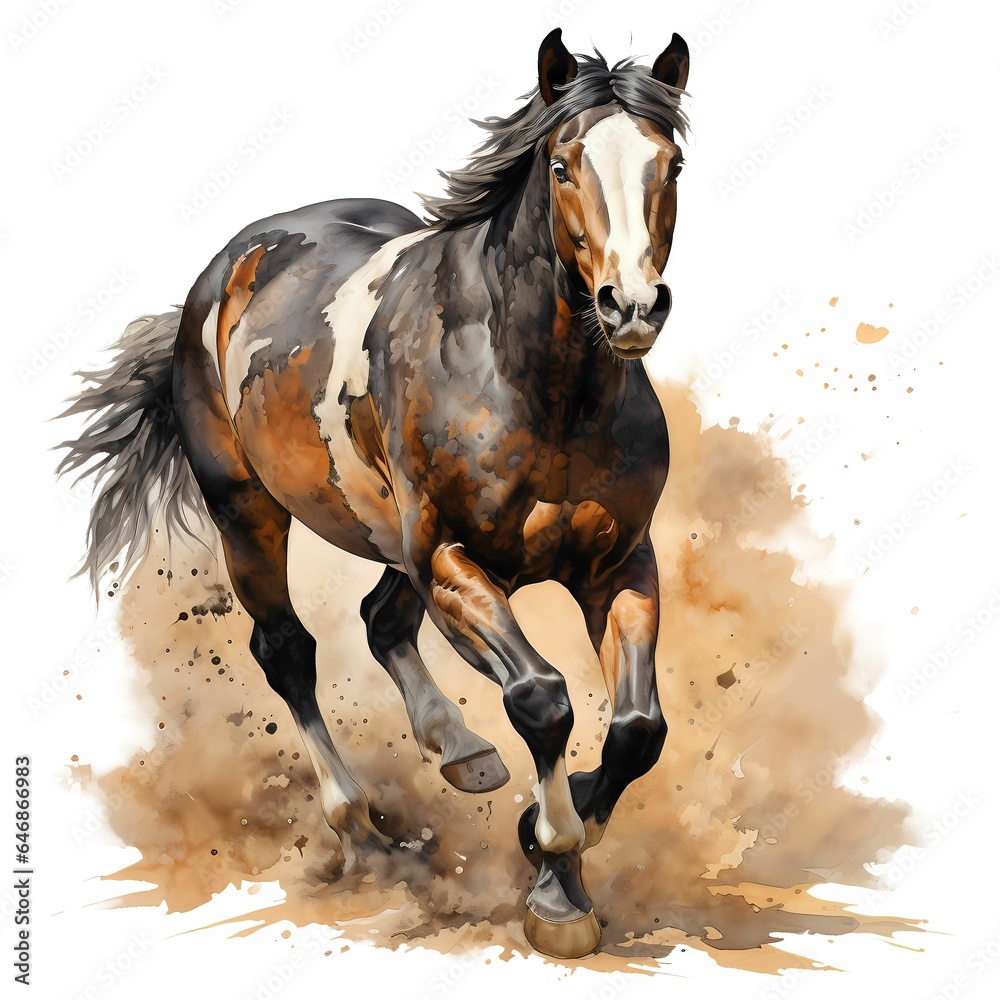 Poster ai generated illustration of a brown horse on a white background in watercolor