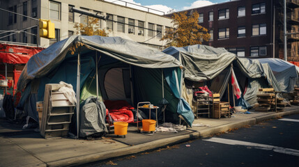 Fototapeta na wymiar Homeless tent camp on a city street