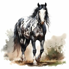 AI generated illustration of a black and white horse on a white background in watercolor