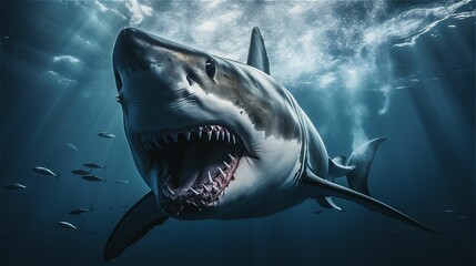 Chilling and dramatically realistic image of a Great White Shark, stealthily lurking in the ocean.