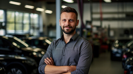 Portrait Of Handsome Car Salesman In Car Dealership