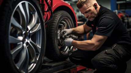 Fototapeta na wymiar Car mechanic working in garage and changing wheel alloy tire. Repair or maintenance auto service.