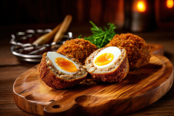 Meat cutlet with boiled egg, pieces on a dark wooden background. Mini meat rolls. Scottish cutlet. - obrazy, fototapety, plakaty