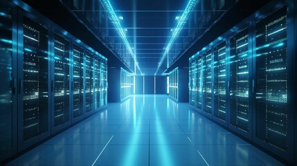 AI generated illustration of a hallway filled with multiple racks of servers and glass doors