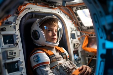 AI generated illustration of a young boy in a space station wearing a protective helmet