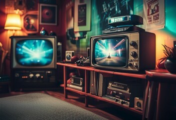 AI generated illustration of a cozy living room with a vintage television