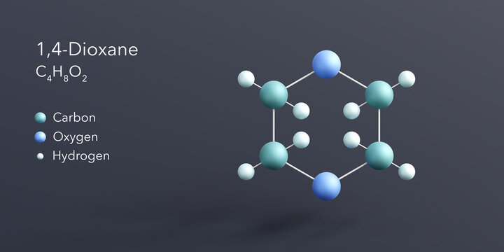 1.4-dioxane molecule 3d rendering, flat molecular structure with chemical formula and atoms color coding