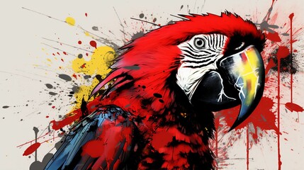 Watercolor painting of a parrot with colorful swirls on a white background, AI-generated.