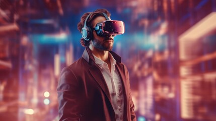 Obraz premium A person wearing Virtual reality glasses in technology background