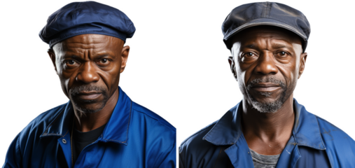 workman with African roots in blue work suit and blue hat, generative ai