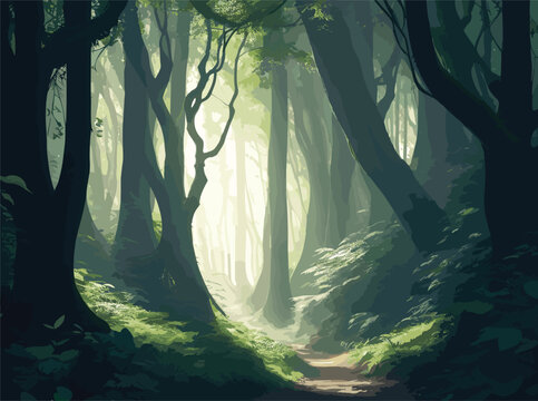 Design an intricate vector scene of a serene forest glade, where dappled sunlight pierces through the dense canopy, illuminating the mossy ground and creating a peaceful and enchanting atmosphere.