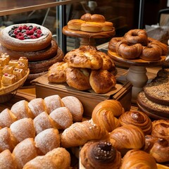 AI generated illustration of a variety of freshly-baked croissants and pastries