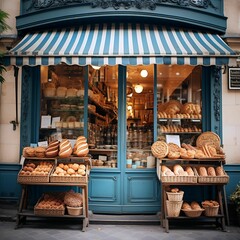 AI generated illustration of a quaint bakery with freshly baked bread on display in the window