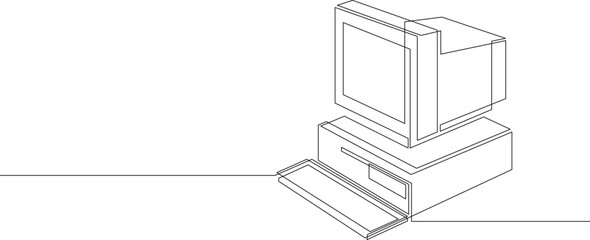 Continuous one line drawing of retro personal computer. Vintage cpu with analog monitor and keyboard drawn by single line. Vector illustration.