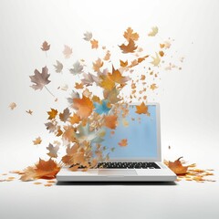 AI generated illustration of a laptop computer with vibrant autumnal leaves