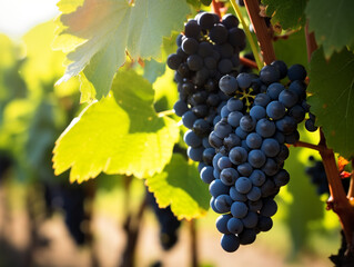 Naklejka premium Vines and large bunches of black grapes in a vineyard. The atmosphere of the farm in the morning where the yellowish light of the sunrise and the morning dew on the farm. 