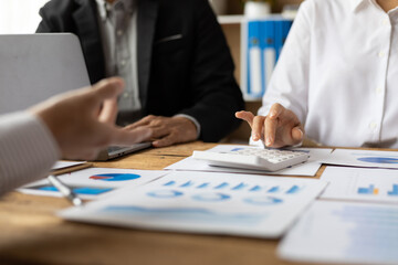 Financial advisor meeting is discussing the analysis of financial reports and business auditing.