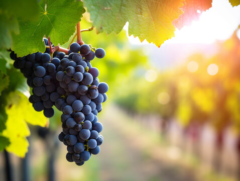 Vines and large bunches of black grapes in a vineyard. The atmosphere of the farm in the morning where the yellowish light of the sunrise and the morning dew on the farm.
