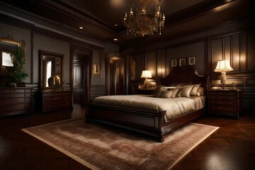 A regal bedroom with ornate crown molding and rich, dark wood.