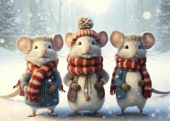 three mice standing in a serene winter landscape with festive Christmas attire