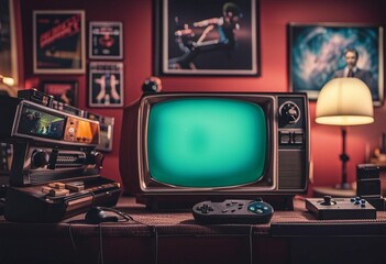 AI generated illustration of a cozy living room with a vintage television