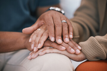 Hands of couple in therapy for marriage counselling, support and love with relationship advice. Trust, man and woman with embrace, healthy communication and mental health healing with psychology help