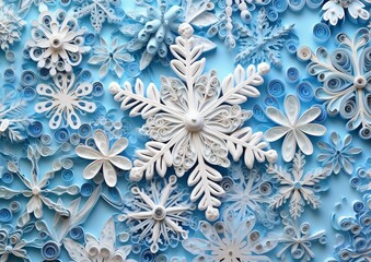 an intricately made paper snowflake on a blue background