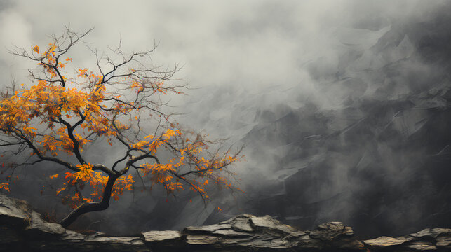 Fototapeta Small tree on top of mountain - fog - clouds - autumn - fall - peak leaves season - inspired by the scenery of western North Carolina 