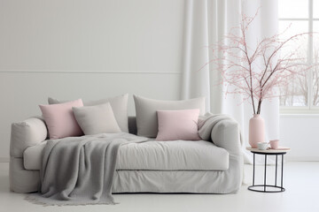 Naklejka premium Airy Modern Living Room with Plush Grey Couch and Subtle Accents