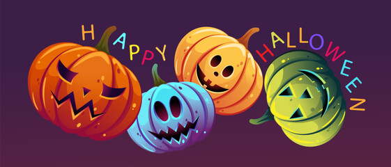 Happy Halloween background.Halloween pumpkins with funny and scary facial expressions.Vector illustration.