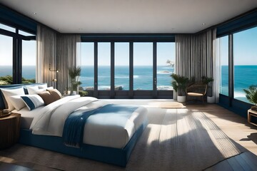 A coastal-inspired bedroom with nautical accents and ocean views.