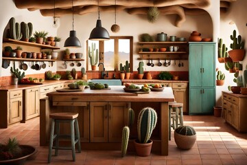 A Southwestern desert kitchen with cactus decor.