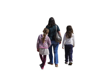 Femme et deux enfants vues de dos marchant au printemps, tenues décontractées, attitude familiale...