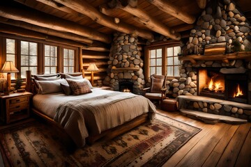 A cozy cabin bedroom with a stone fireplace and log cabin charm. - obrazy, fototapety, plakaty