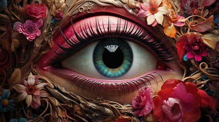 AI generated illustration of a closeup of a blue eye in vibrant floral colors - obrazy, fototapety, plakaty