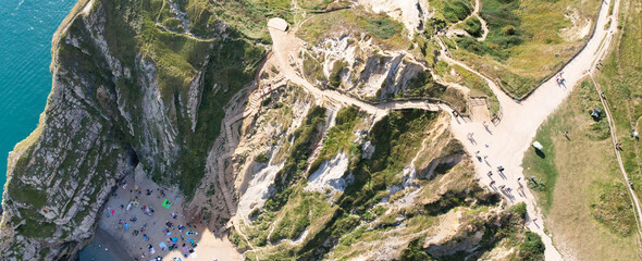 Most Beautiful View of British Landscape and Sea View of Durdle Door Beach of England Great Britain, UK. Image Was captured with Drone's camera on September 9th, 2023