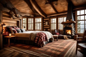A cabin retreat bedroom with a cozy fireplace and plaid bedding.