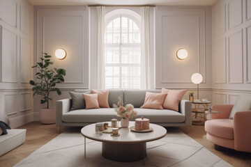Fototapeta na wymiar Elegant Modern Living Room Featuring a Comfortable Couch and Decorative Pillows