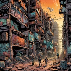 Obraz premium AI generated illustration of people walking through a cartoon apocalyptic world