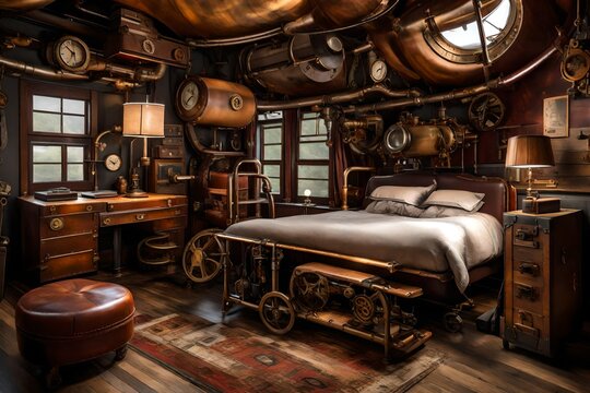 A steampunk airship bedroom with vintage machinery and leather accents.