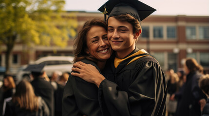 Happy smiling graduate hugs his parent after the graduation ceremony.