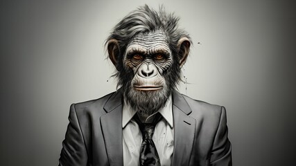 AI generated illustration of a monkey in a classic suit on a gray background