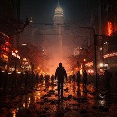 Fototapeta premium Man walking solo on a sidewalk adjacent to a busy city street, AI-generated.