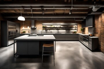 Fototapeta na wymiar A contemporary loft kitchen with concrete floors.