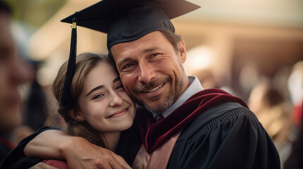 Fototapeta premium Happy smiling graduate hugs his parent after the graduation ceremony.