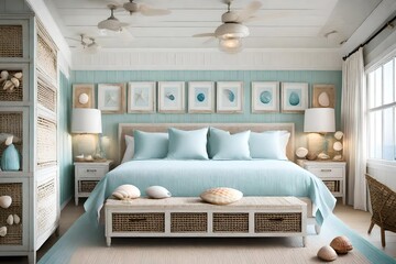 A beach house bedroom with coastal colors and seashell decor.