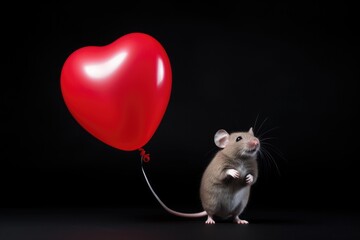 Mouse holding red heart shaped balloon on black background. Valentine's day greeting card.